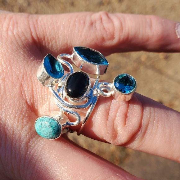New Twisted Black Onyx, Turquoise and Blue Topaz Silver Ring. - Picture 2 of 12
